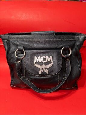 MCM Black Leather Tote with Silver Logo Emblem